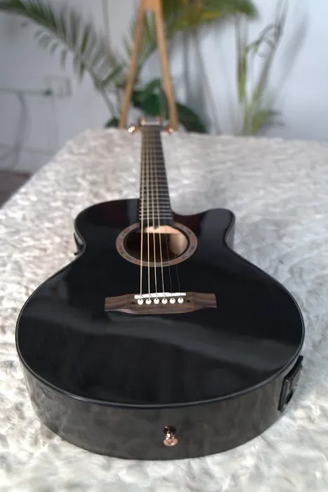 Cate QA76 Semi-Acoustic Guitar with Tuner (Black) (Combo-Bag, string, belt, capo, 1-Pick)
